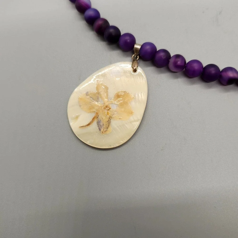 Artisan Made Purple Beaded Necklace Large Teardrop Flower Pendant Silver Tone